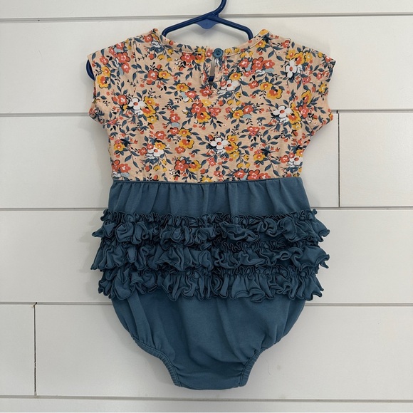 Ruffle Butts 12-18 Bubble Romper Floral Blue Short Sleeve Spring Summer - Picture 3 of 3